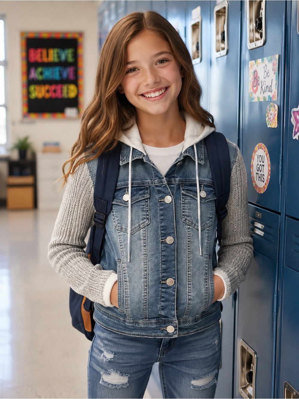 Kids Hooded Denim Jacket with Knit Sleeves - Blue